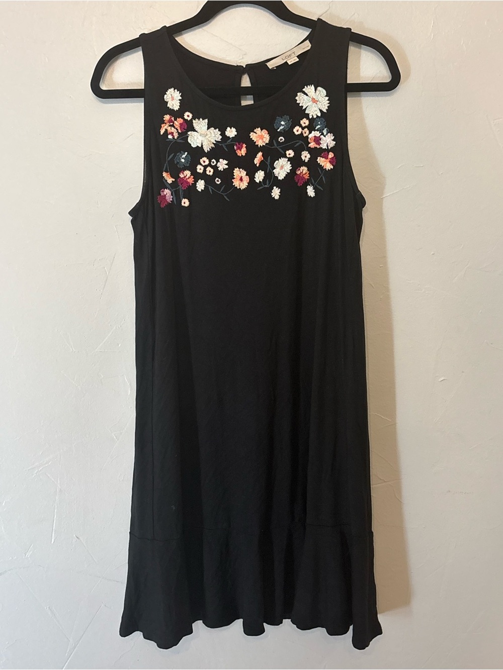 LOFT Black Sleeveless Dress with Colorful Floral Embroidery